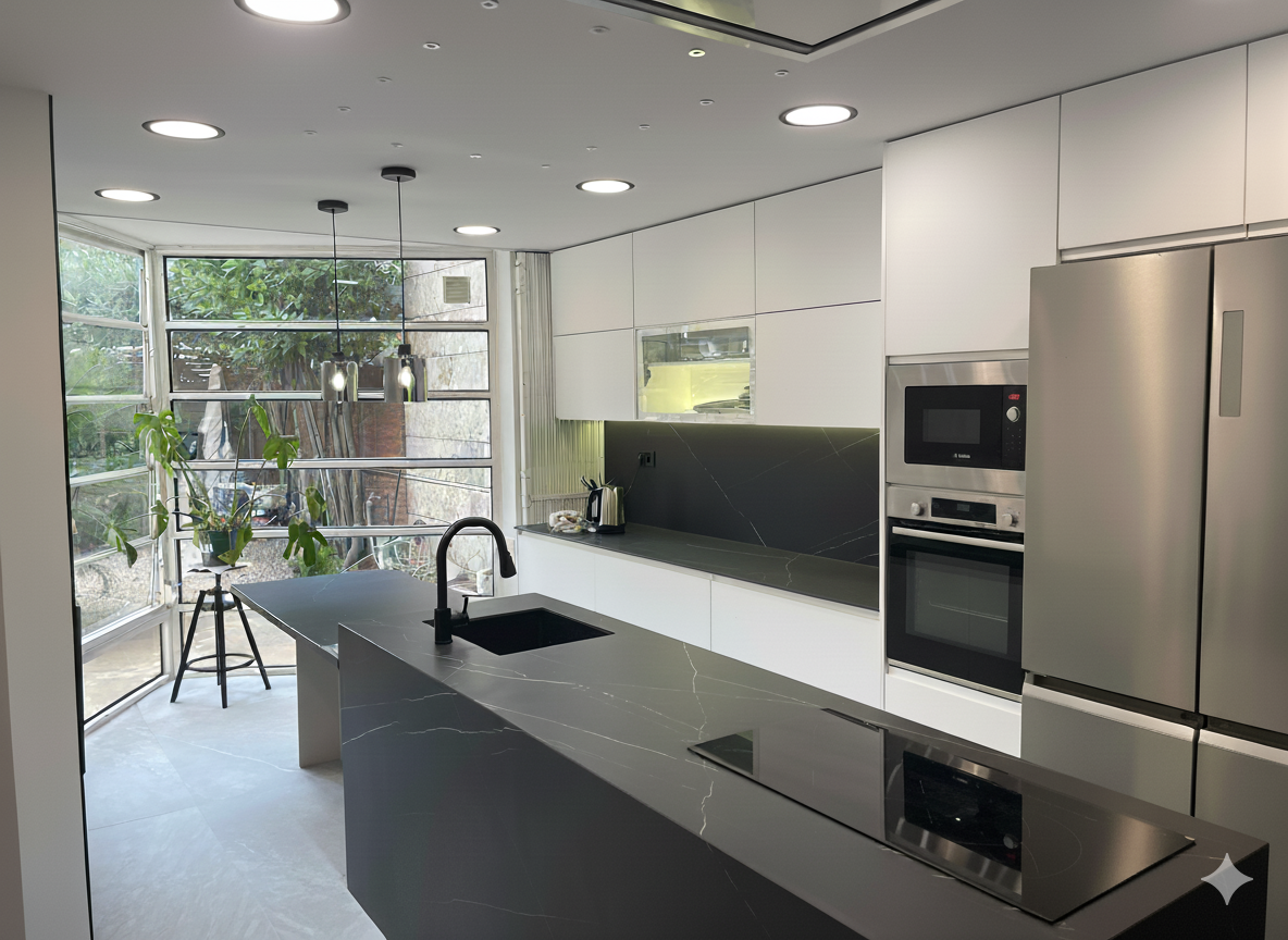 Cocina reformada con isla central.